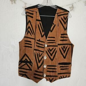 Mud Cloth Vintage Ethnic Vest Cowrie Shell Buttons Artsy Boho Batik Tribal Aztec